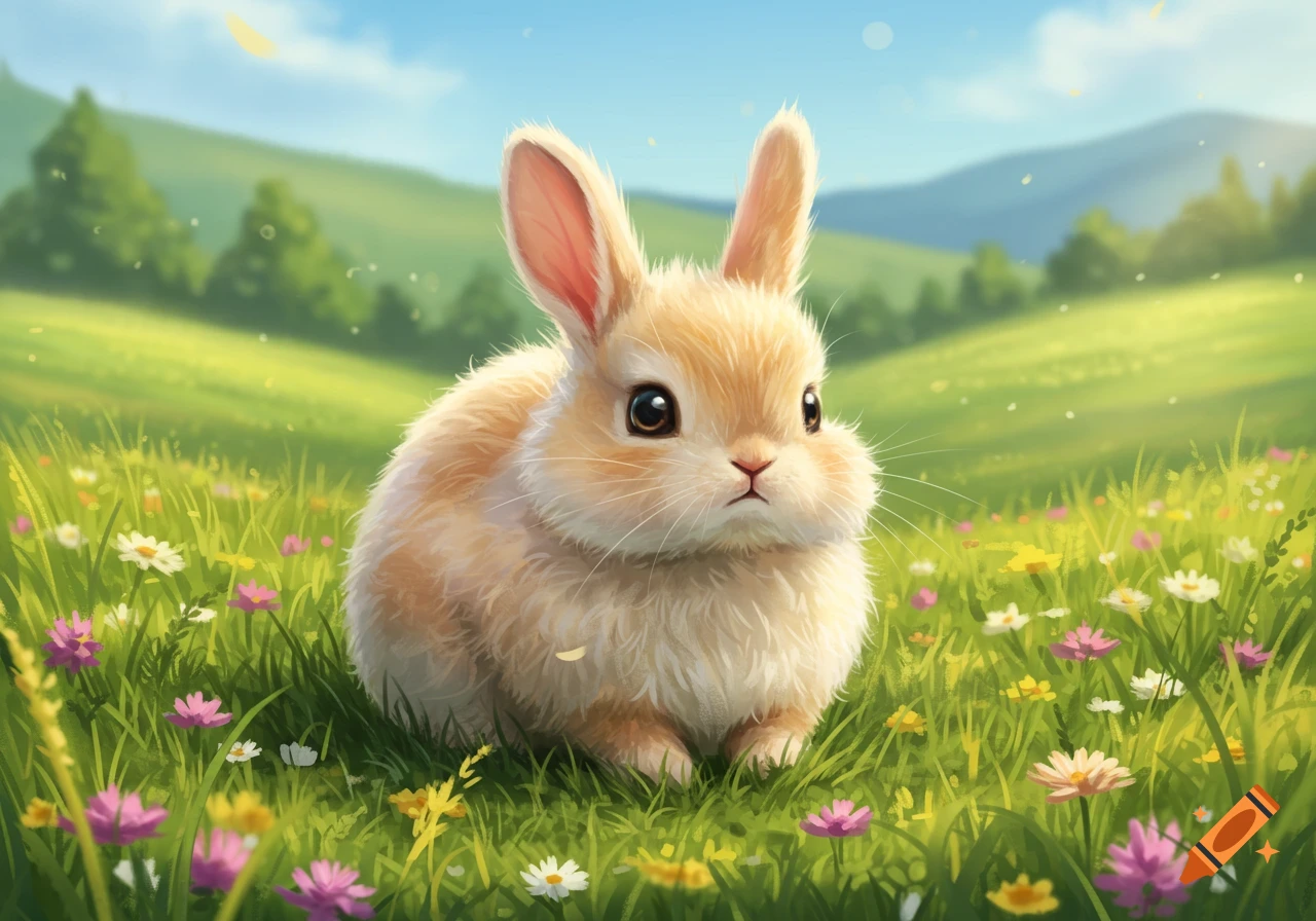 A cute, fluffy light brown bunny sits in a vibrant green field filled with colorful wildflowers, under a blue sky.