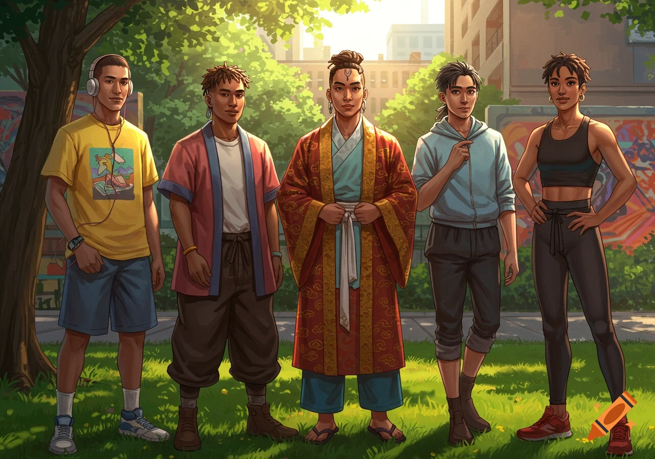 Five diverse individuals, three men and two women, stand together outdoors in a park-like setting with an urban background, in a stylized illustration.