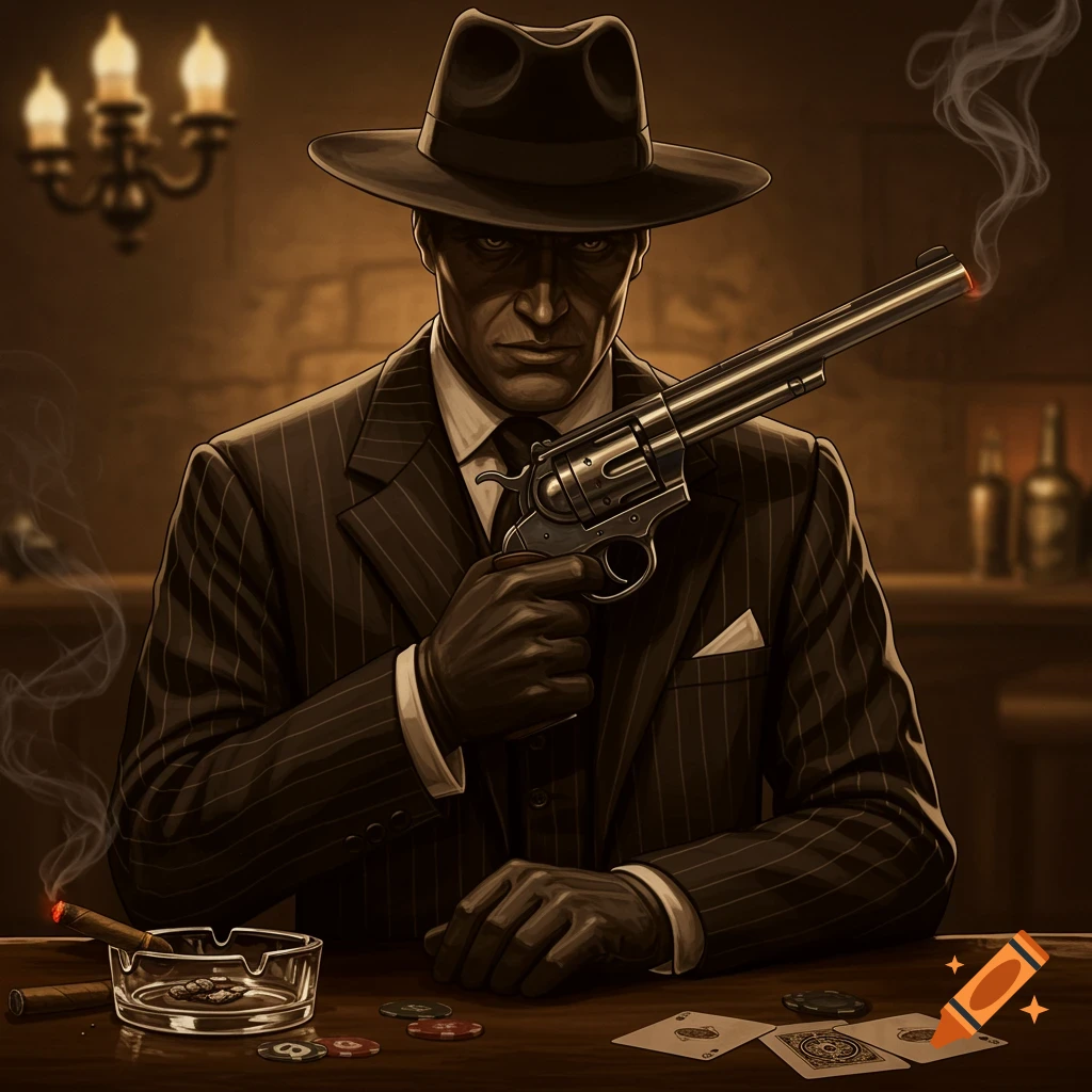 A stylized illustration of a man in a fedora and pinstripe suit, holding a revolver, seated at a table with playing cards and a smoking cigar.