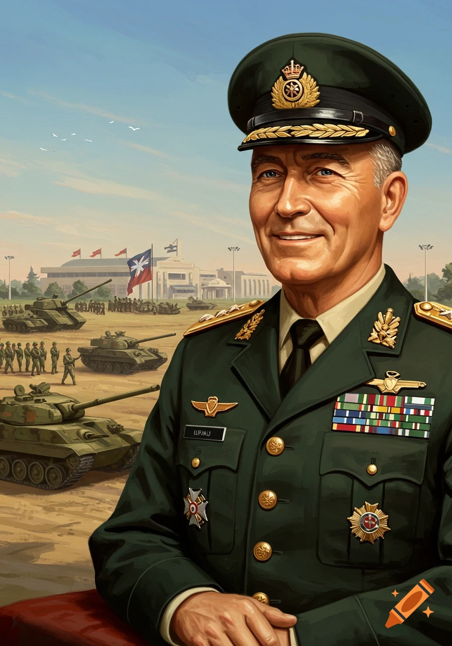 A smiling military officer in a green uniform and hat, adorned with medals and ribbons, stands in front of a military parade ground with tanks and soldiers.