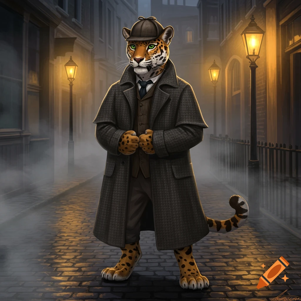 An anthropomorphic jaguar wearing a Sherlock Holmes outfit stands on a foggy, gaslit cobblestone street at night. Illustrated.