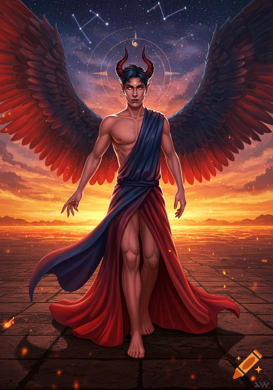 An elegant figure with red horns and large black-red wings stands on stone ground, draped in red and blue, against a sunset and starry sky.