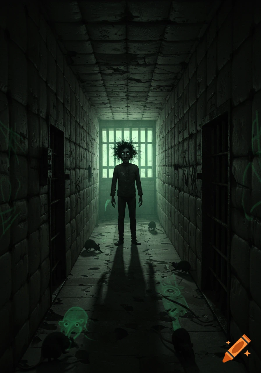 A gaunt figure with wild, spiky hair and glowing eyes stands in a dark, padded asylum hallway with rats on the floor, lit by an eerie green glow from a barred window.