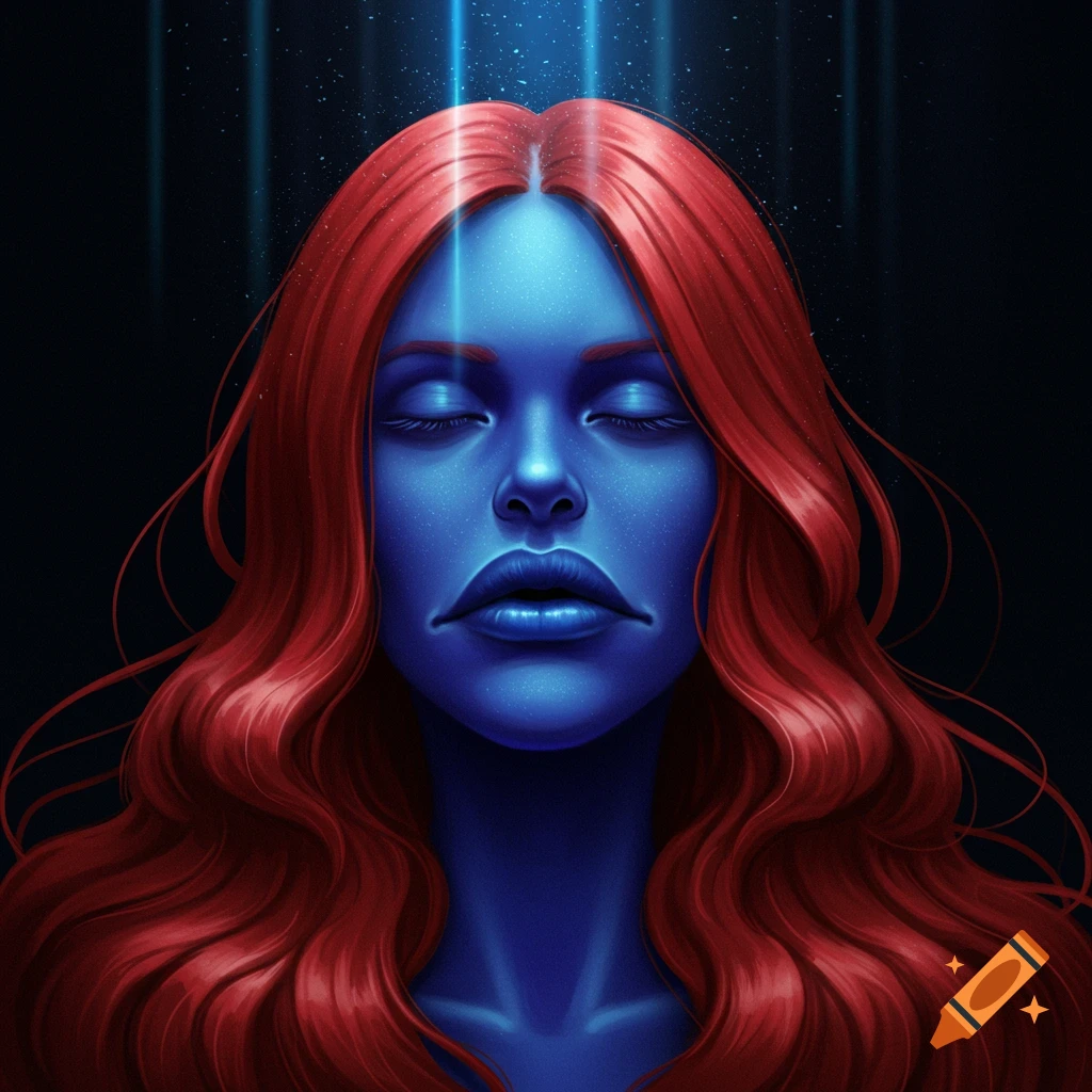 A portrait of a woman with closed eyes, blue skin, and long flowing red hair, illuminated by blue light from above.