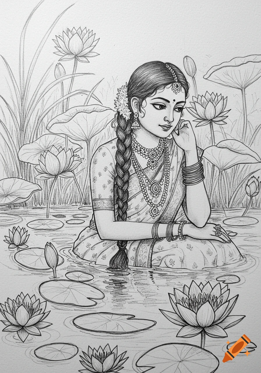 Pencil sketch of an Indian woman adorned in jewelry, sitting gracefully in a lily pond with lotus flowers.