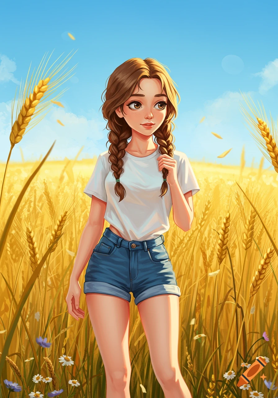 A cute animated girl with braids, wearing a white t-shirt and denim shorts, stands in a golden wheat field.