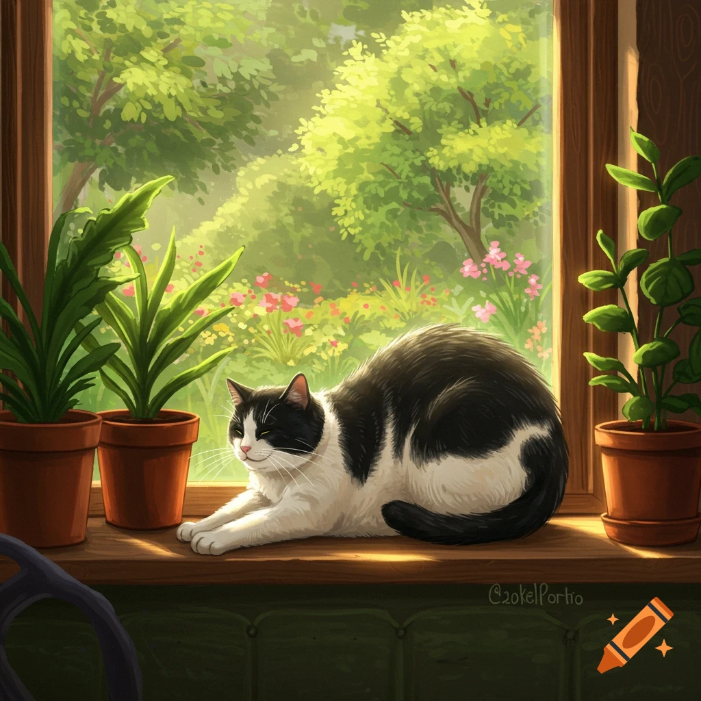 A black and white cat stretches on a sunlit wooden windowsill, surrounded by potted plants, with a lush green garden visible outside the window.
