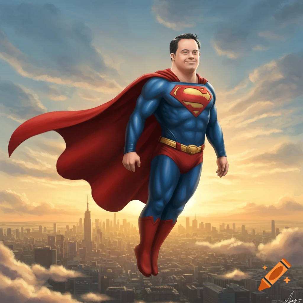 A man with Down Syndrome dressed as Superman flies over a city at sunset, with a red cape billowing.