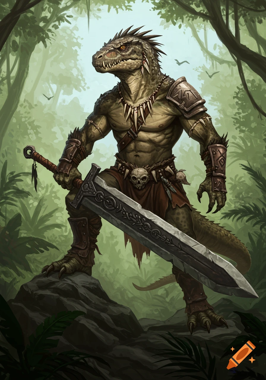 A strong lizard folk barbarian warrior with Allosaurus features, holding a great sword, stands in a lush jungle.