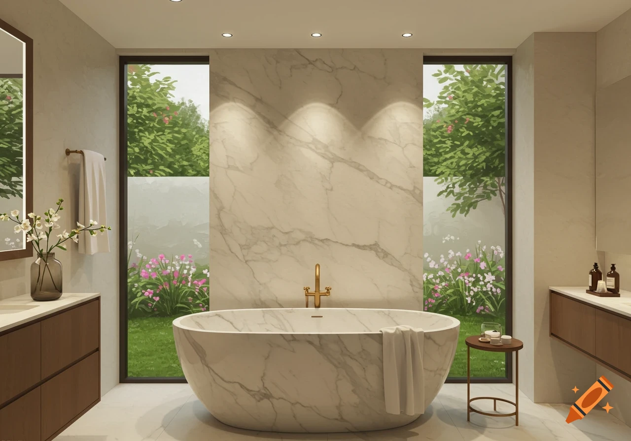 A modern bathroom with a white marble bathtub, gold faucet, and large windows overlooking a lush green garden with pink flowers.