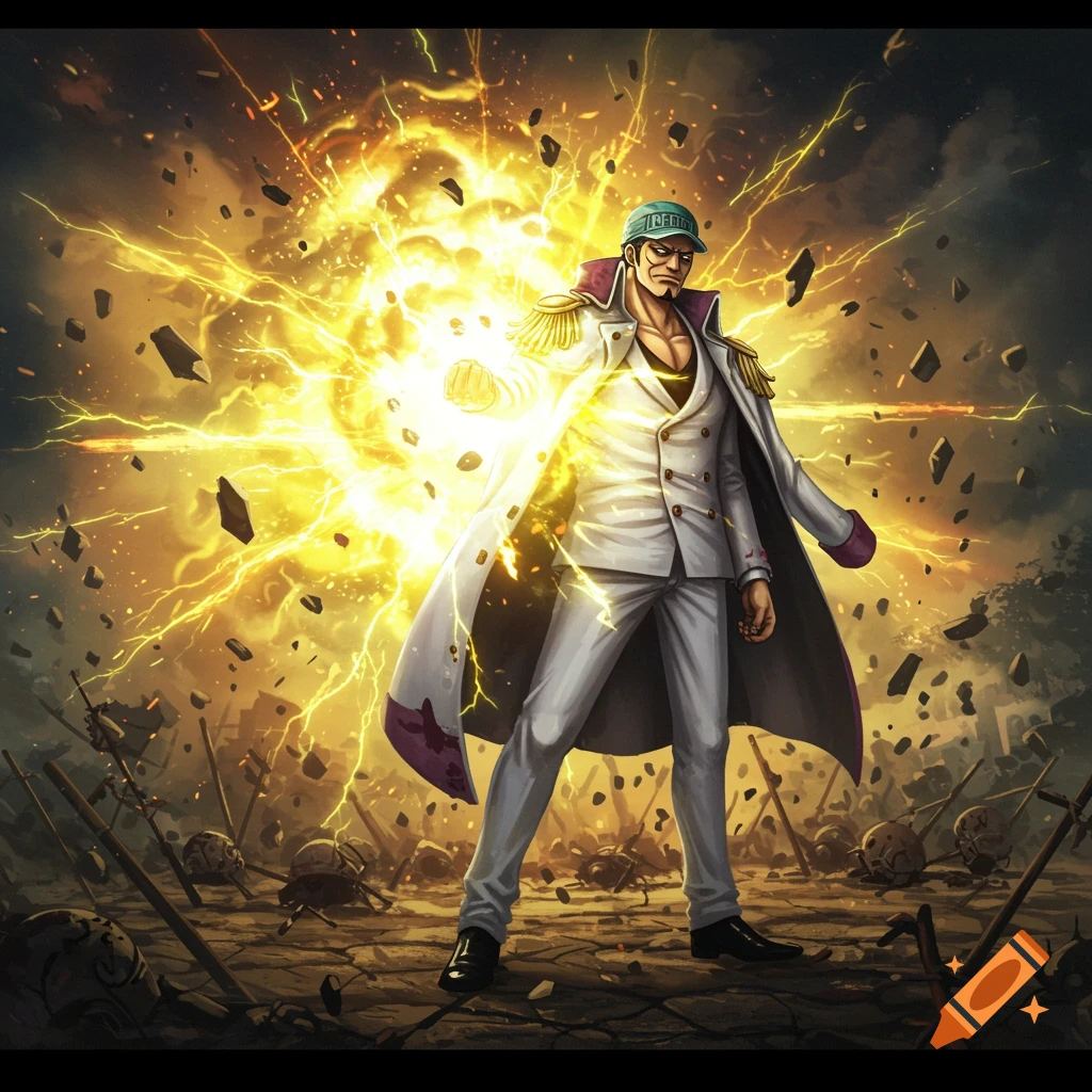 An anime character, Kizaru from One Piece, in a white suit and cap, unleashes a powerful yellow energy explosion from his fist, surrounded by debris.