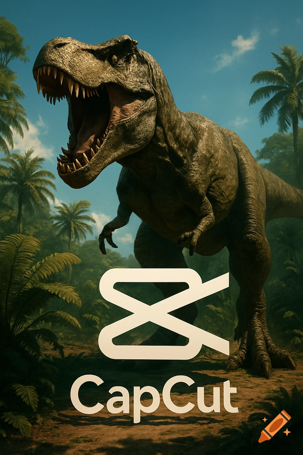 Photorealistic T-Rex roaring in a jungle with the CapCut logo and text visible.