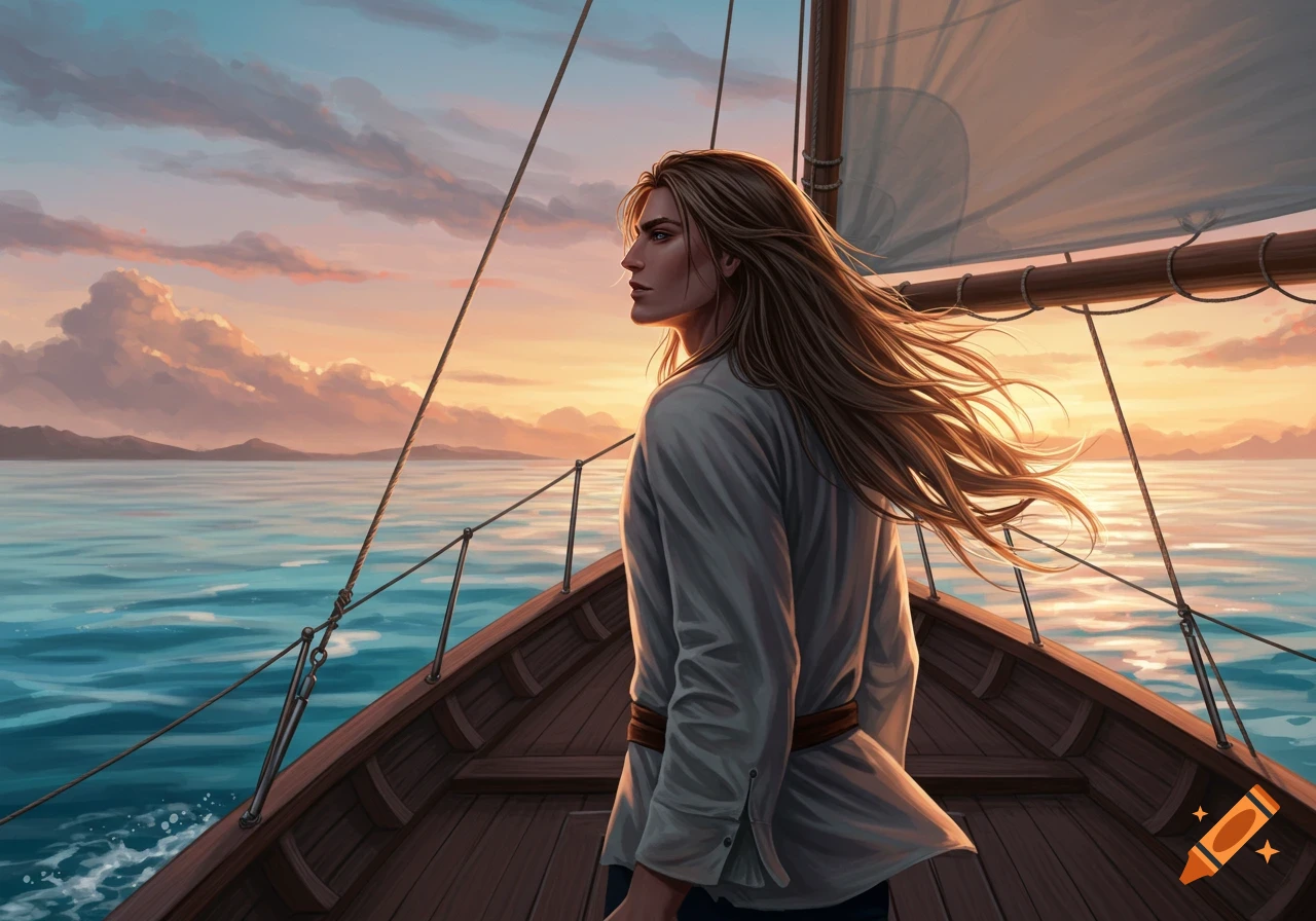 A long-haired man stands on a sailboat, looking out at a vibrant sunset over the ocean, in a digital art style.