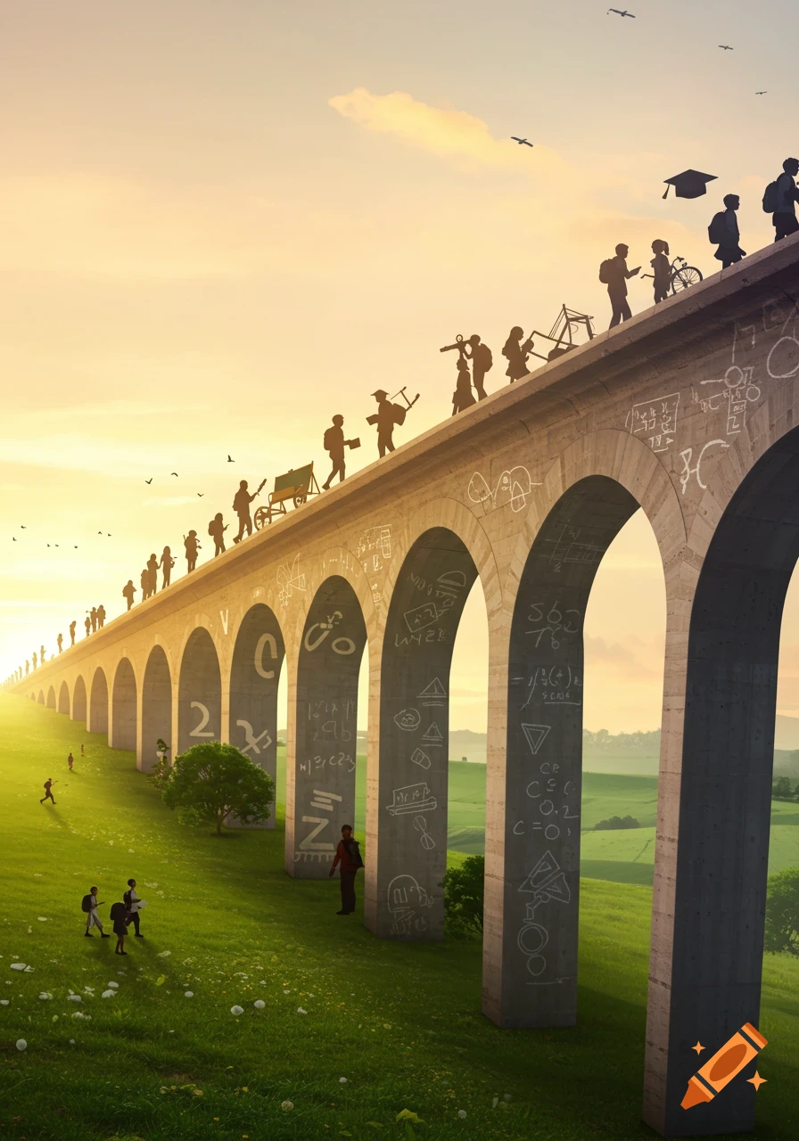 Silhouettes of people on an arched bridge, representing an educational journey, carrying school items over a green landscape at sunset.
