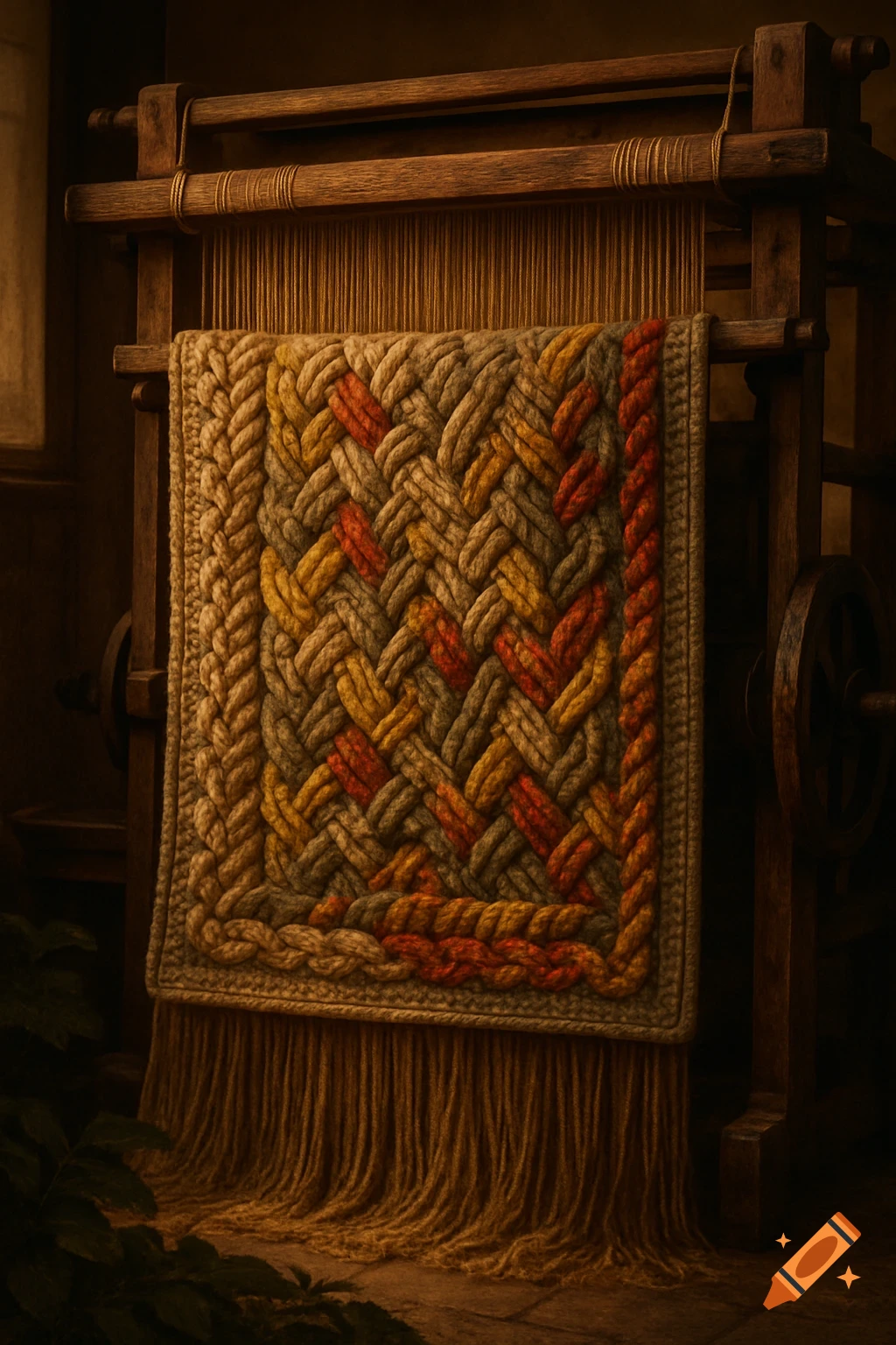 A warm-toned, intricately braided and knit blanket hangs on a wooden loom in a softly lit room.