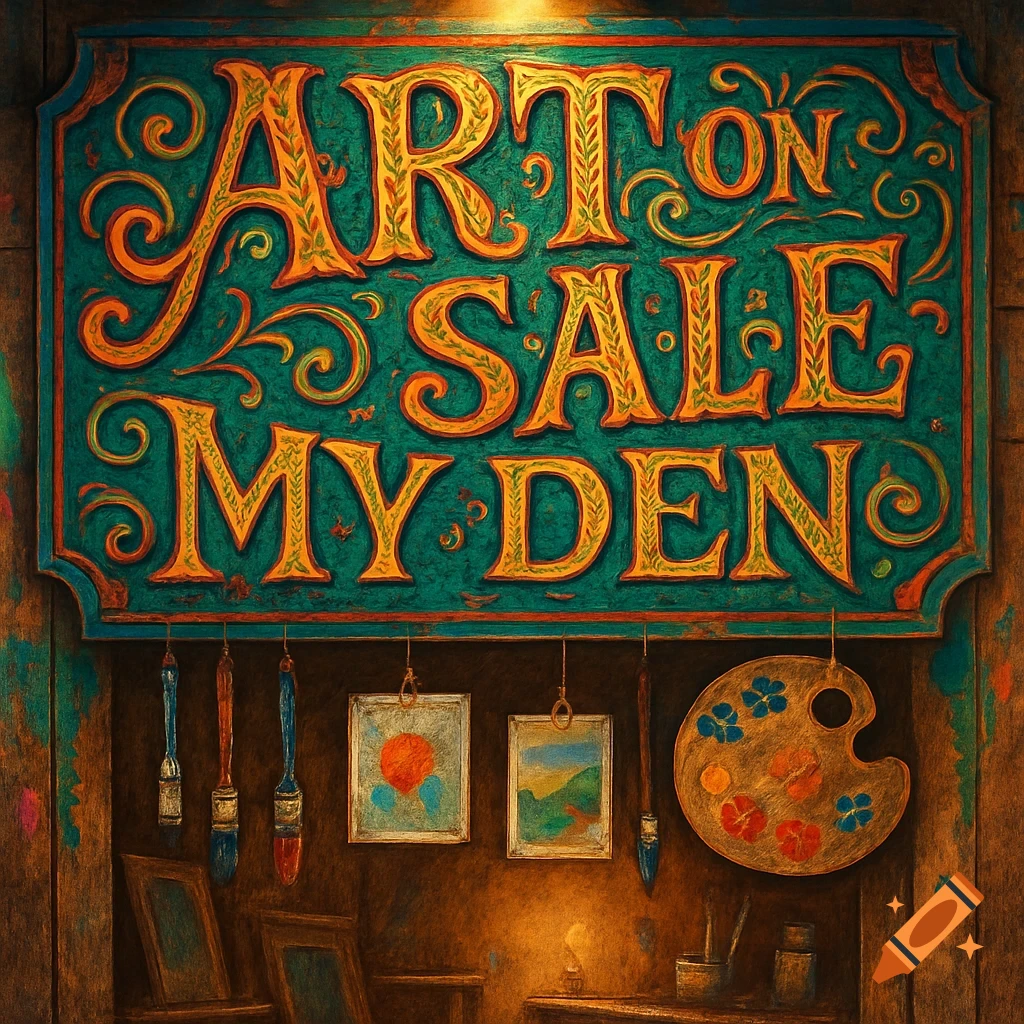 An ornate, rustic sign in an art studio reads 'ART ON SALE MY DEN', with paintbrushes and a palette below.