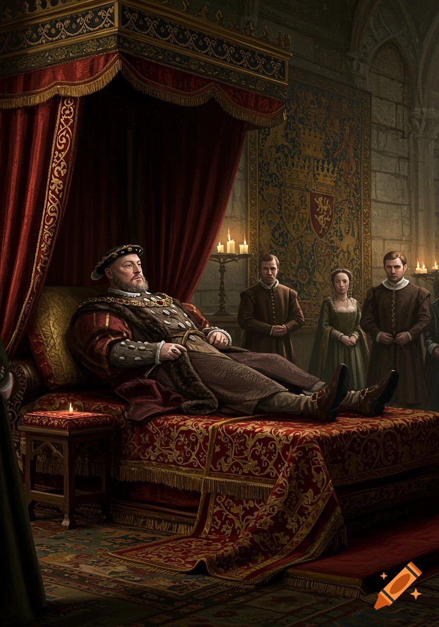 King Henry VIII lies on a richly decorated bed, surrounded by attendants in a dark, grand chamber.