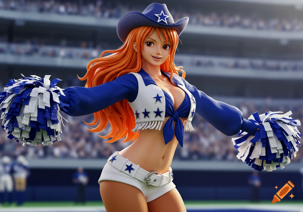 3D render of Nami from One Piece dressed as a Dallas Cowboys cheerleader, smiling and holding blue and white pom-poms in a stadium.
