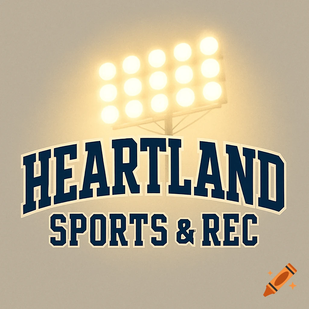 A company logo for Heartland Sports & Rec, featuring college block letters and stadium lights above.