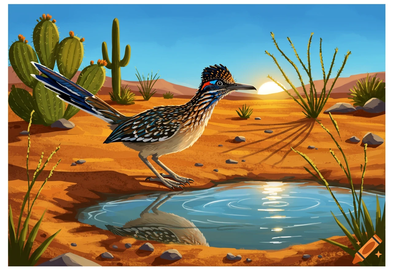 A colorful roadrunner stands by a pond in a sunny desert landscape with cacti and mountains.