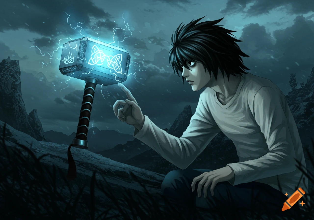 An anime character, L from Death Note, touches Thor's Hammer, which glows with blue electricity in a dark, snowy landscape.