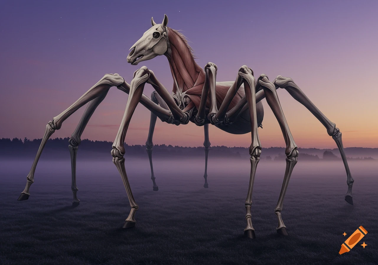 A surreal creature with a horse skull and muscle torso on spider-like skeletal legs stands in a misty field at dusk.