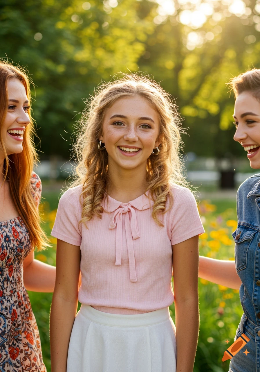 A blonde girl with freckles smiles at the camera, flanked by two friends, in a sunlit park with green trees.