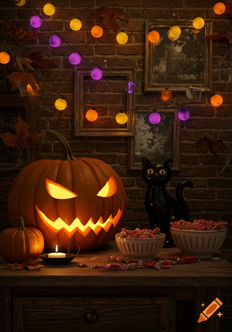 A close-up of Halloween decorations including a glowing jack-o'-lantern, a black cat statue, bowls of candy, and purple and orange string lights against a brick wall.