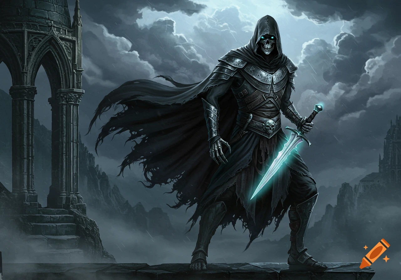 A dark hooded skeleton warrior with glowing blue eyes holds a bright sword on a ruined platform in a stormy fantasy landscape.