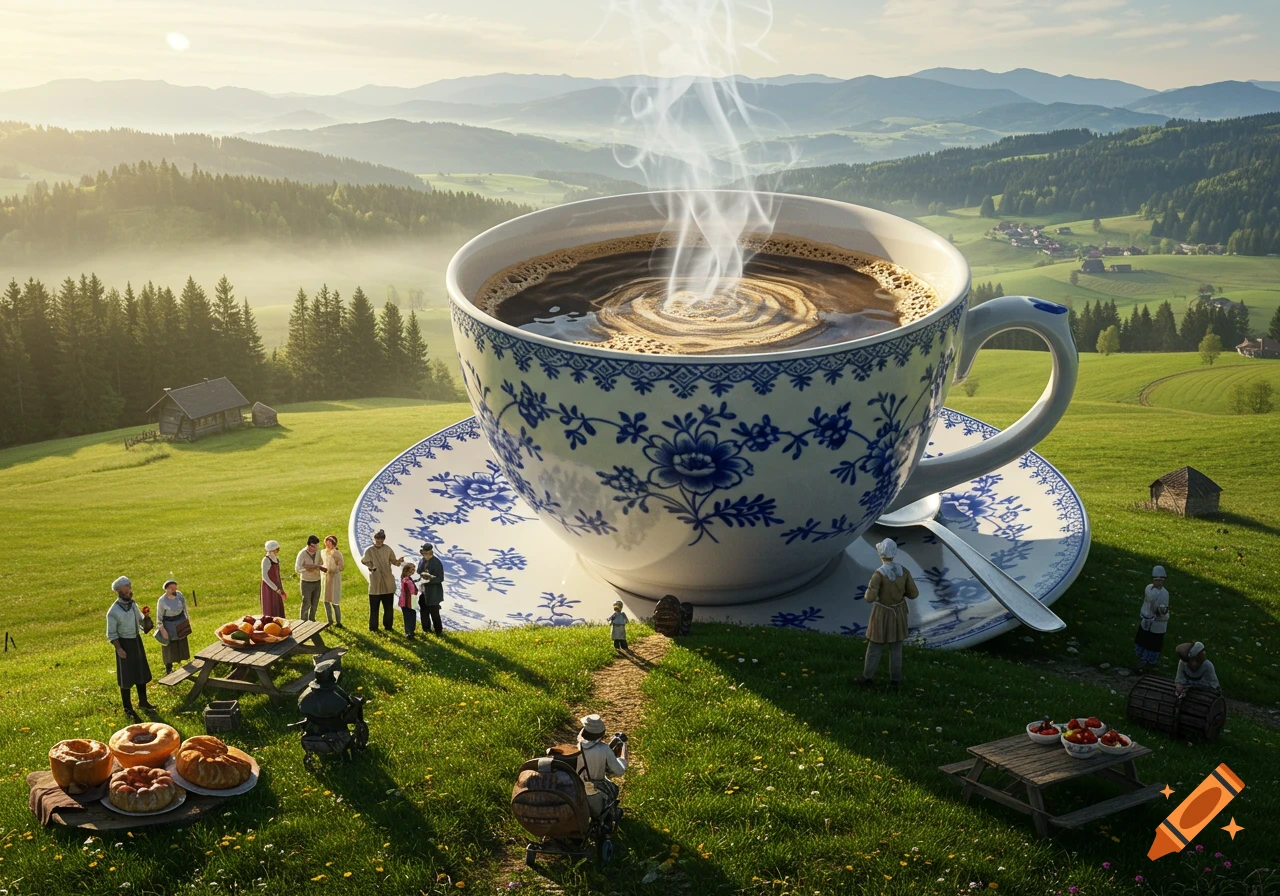 A giant steaming coffee cup and saucer sit in a lush green valley, surrounded by tiny people enjoying a picnic. Photorealistic.