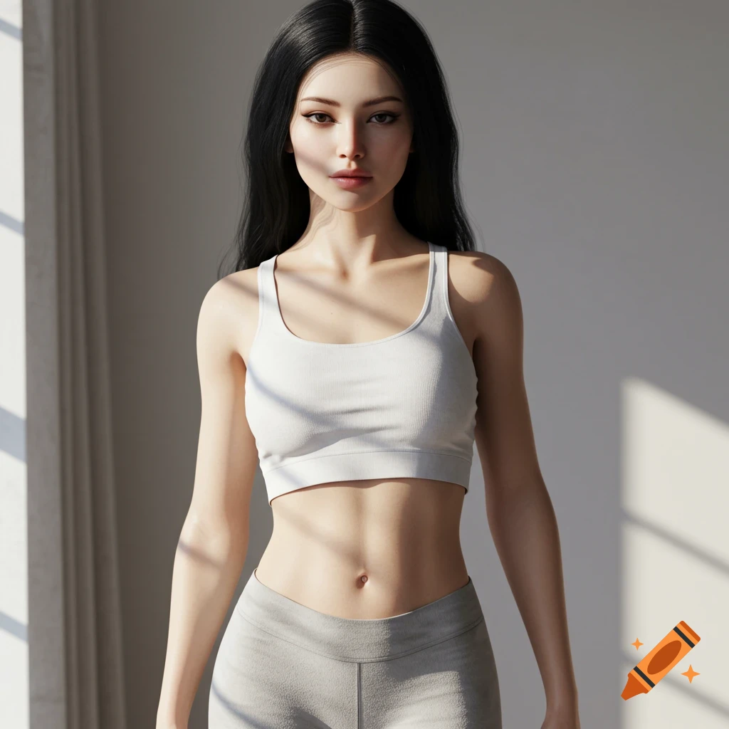 A photorealistic portrait of a woman with long black hair wearing a white sports bra and grey yoga pants, standing indoors with window light.