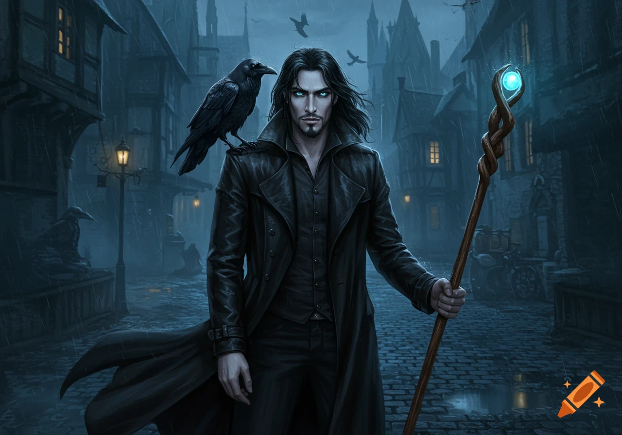 A dark-haired man with glowing blue eyes and a raven on his shoulder stands in a rainy medieval town, holding a glowing staff.