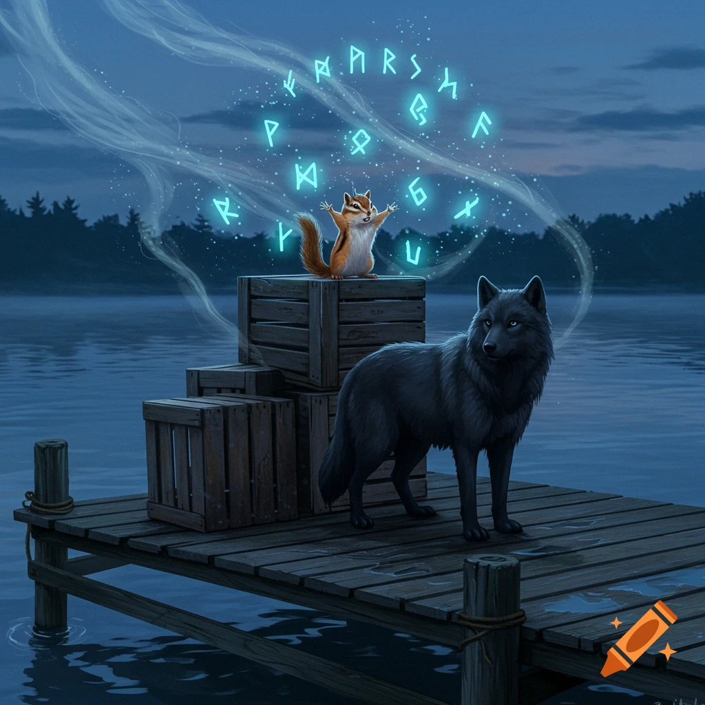 A magical scene on a dock at dusk, a chipmunk stands on a crate, summoning glowing blue runes, with a black wolf nearby.