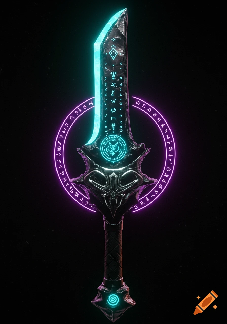 A dark, stylized sword with a glowing teal blade and handle tip, featuring glowing blue runes on its surface. A vibrant purple glowing magic circle with more runes surrounds the sword, all set against a black background.