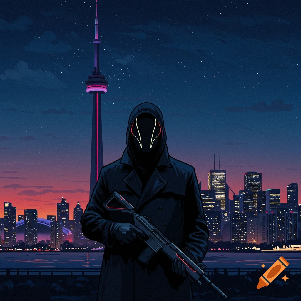 A stylized 2D illustration of a masked figure holding a gun, standing in front of the illuminated CN Tower and Toronto skyline at night.