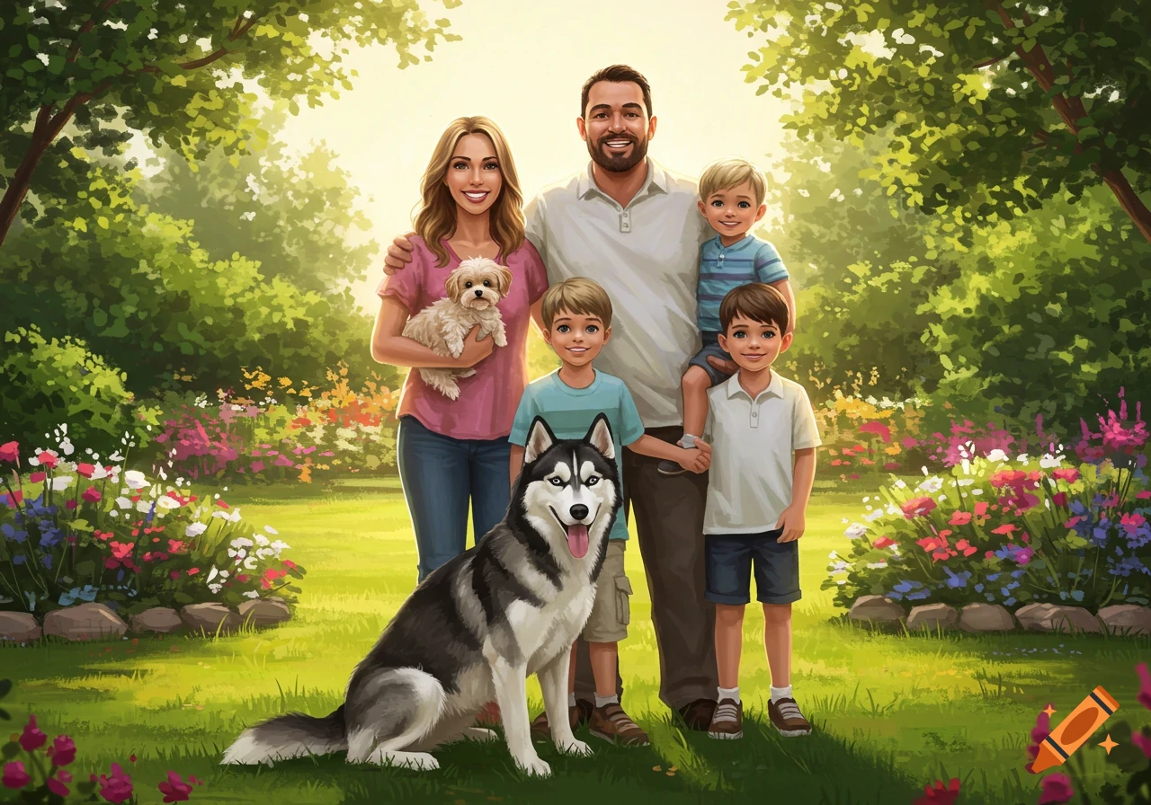 A smiling family of five with two dogs, a small white dog and a husky, posing in a lush, green garden illustration.