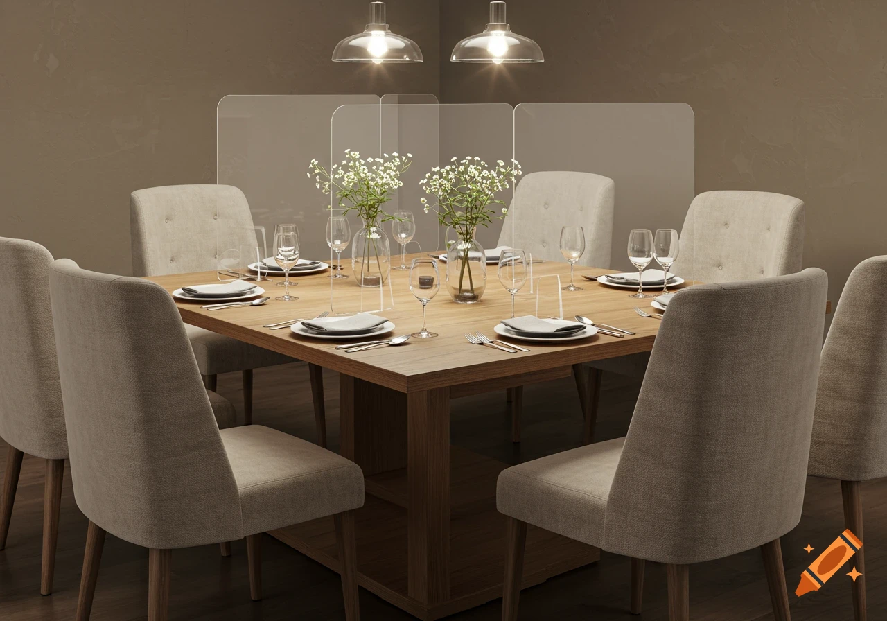 A dining table set with plates, glasses, and white flowers, featuring clear dividers between each place setting under warm pendant lights.