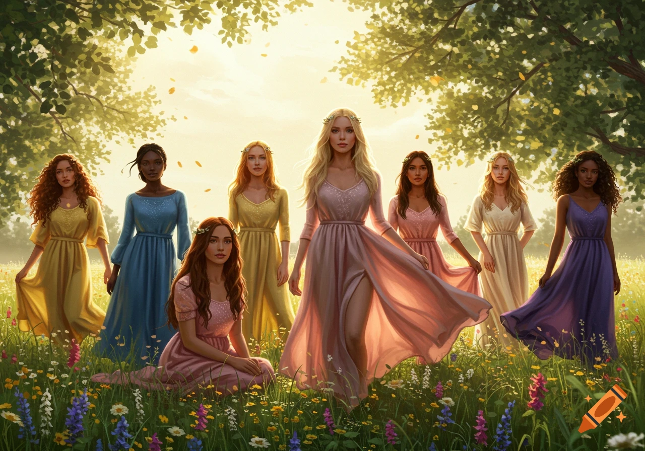 Several beautiful women in flowing dresses stand and sit in a sunlit meadow with wildflowers.