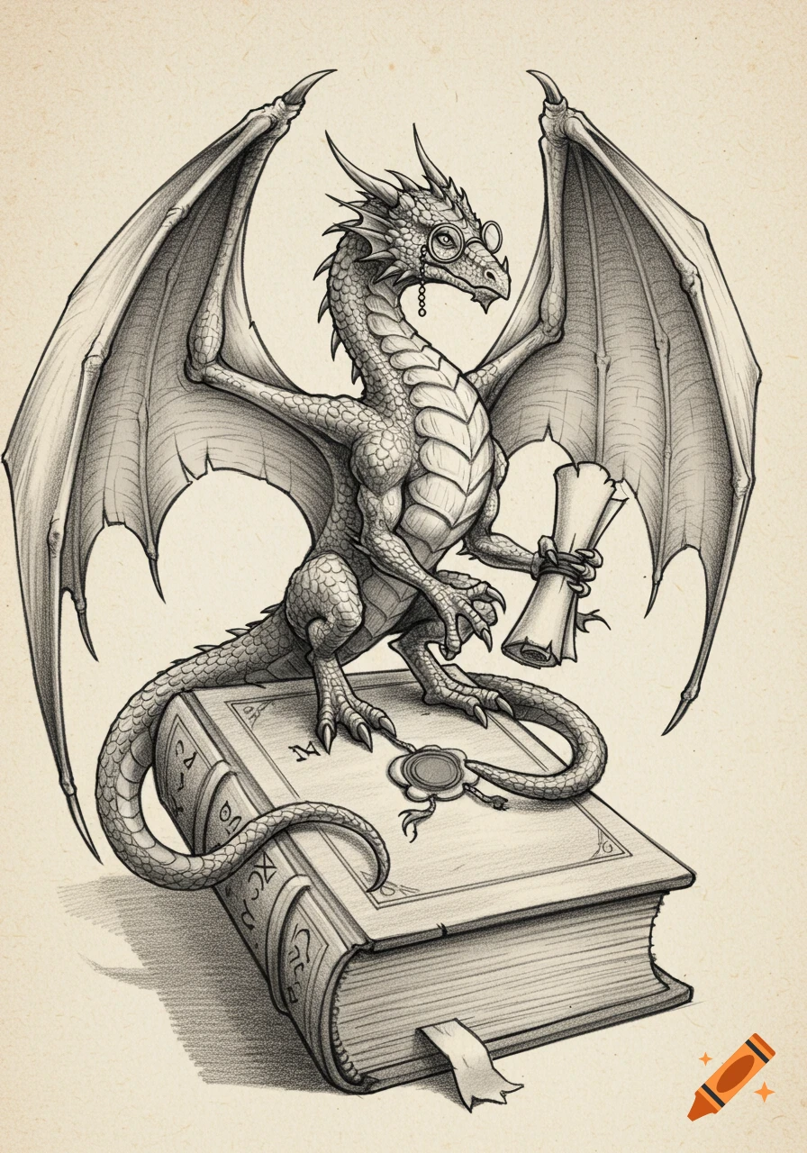 A detailed pencil sketch depicts a dragon with spread wings, wearing a monocle, sitting on a large book while holding a rolled-up scroll.