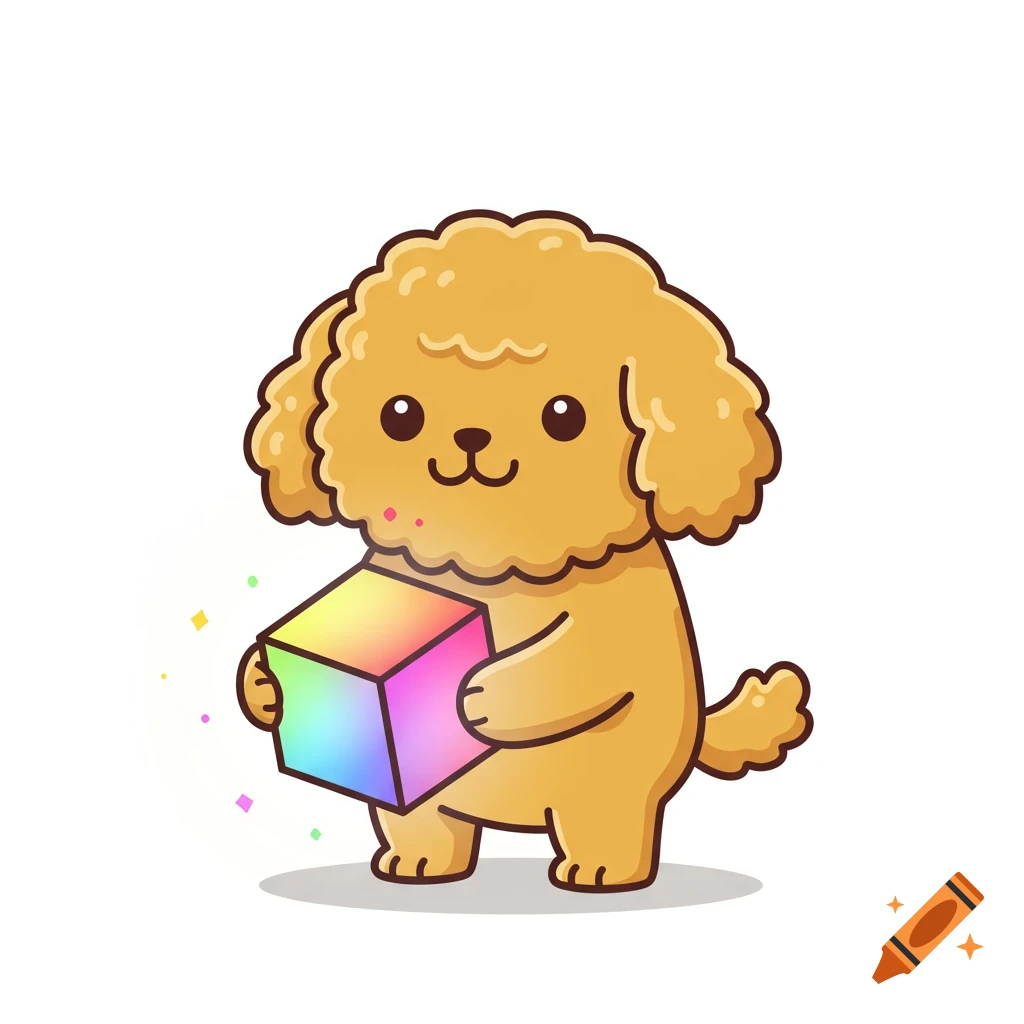 A cute cartoon golden doodle holding a glowing rainbow cube.