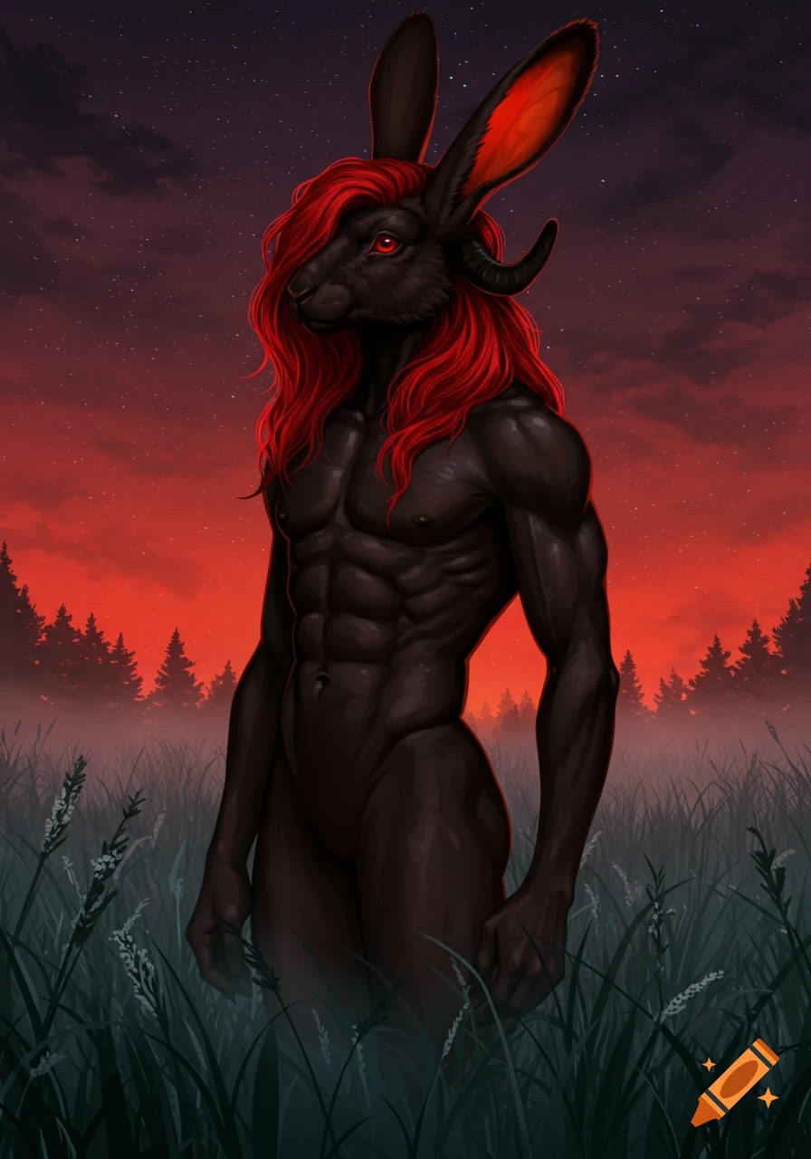 Muscular black anthro rabbit with red hair and horns standing in a field at dusk under a starry red sky.