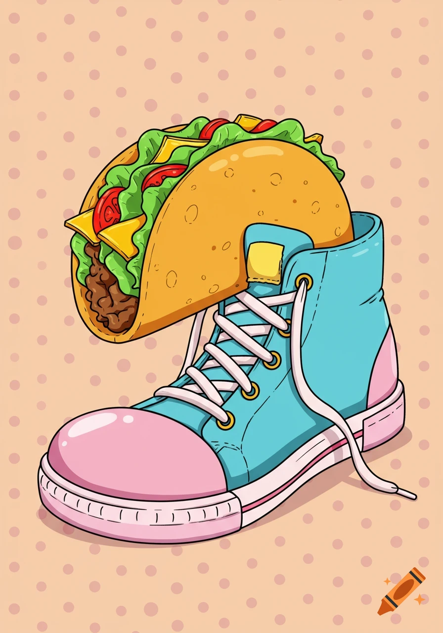 A cartoon illustration of a taco sticking out of a pastel blue and pink high-top sneaker against a polka dot background.