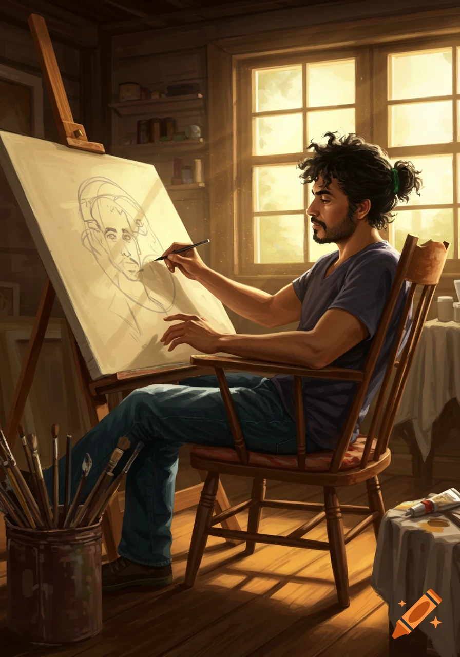 A man with curly hair tied back sits in a sunny art studio, sketching a portrait on a canvas on an easel.
