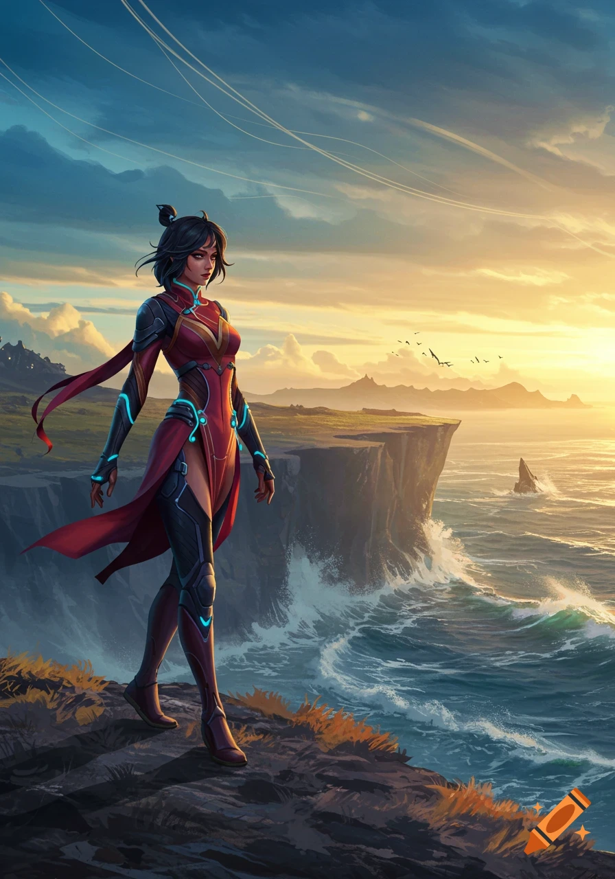 A female character in a futuristic red and black suit stands on a cliff overlooking a wavy ocean at sunset, digital art.