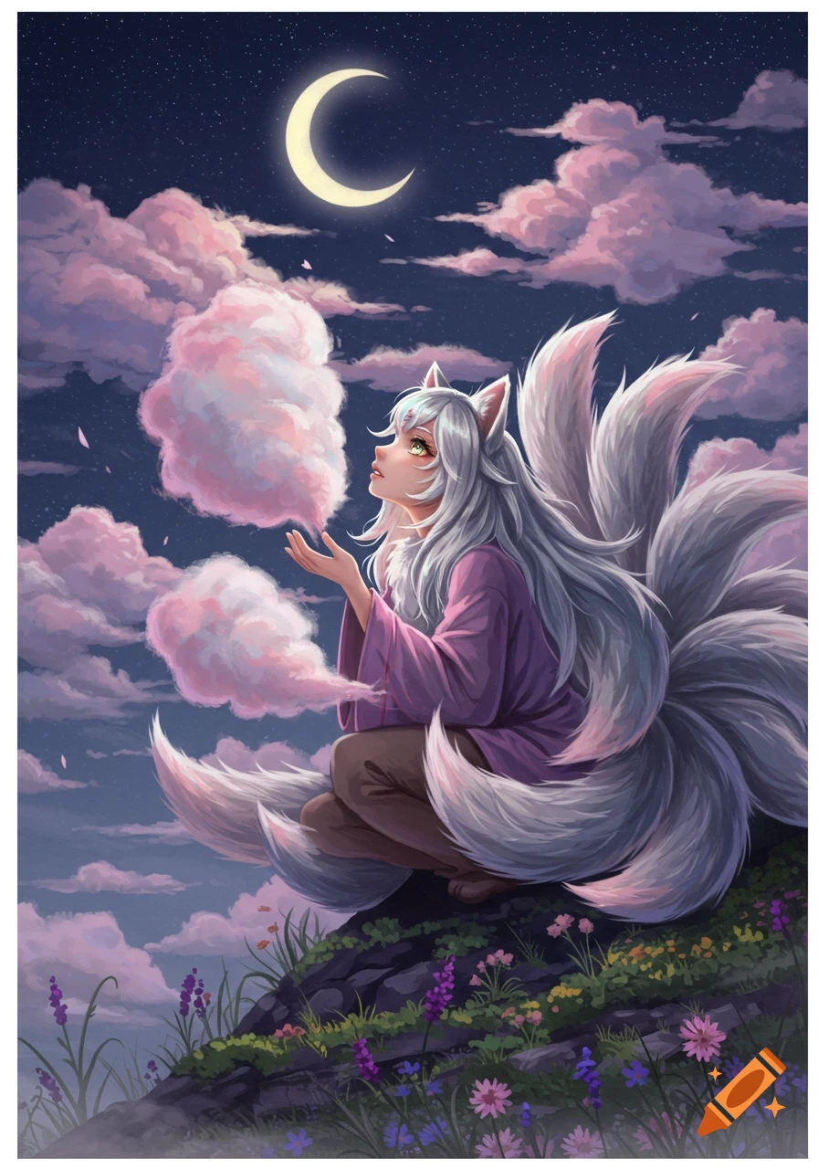 A white-haired kitsune girl with multiple tails sits on a hill under a crescent moon, holding a pink cloud. Starry night sky, fantasy digital art.