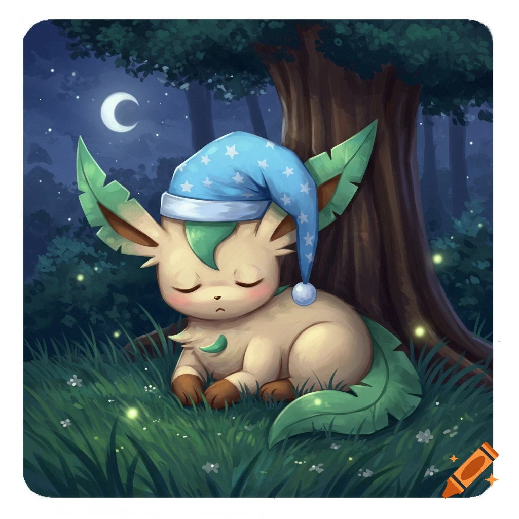 A cute Leafeon from Pokemon, wearing a blue nightcap with stars, sleeping peacefully at the base of a tree in a moonlit forest.