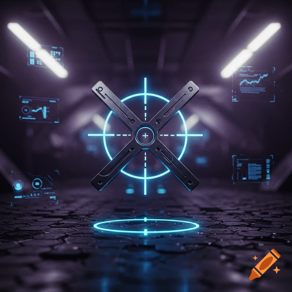 A metallic X-shaped symbol over a glowing blue crosshair in a dark, futuristic chamber with holographic displays.