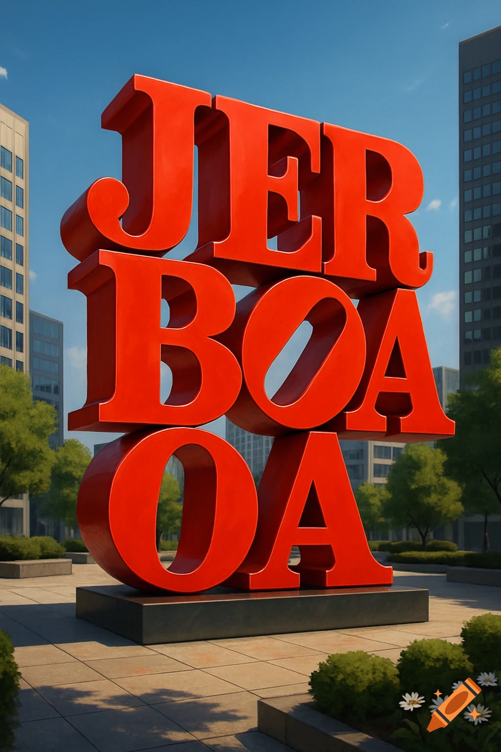 A large red sculpture spelling "JERBOA" and "OA" in the style of Robert Indiana's LOVE sculpture, set in an urban park.