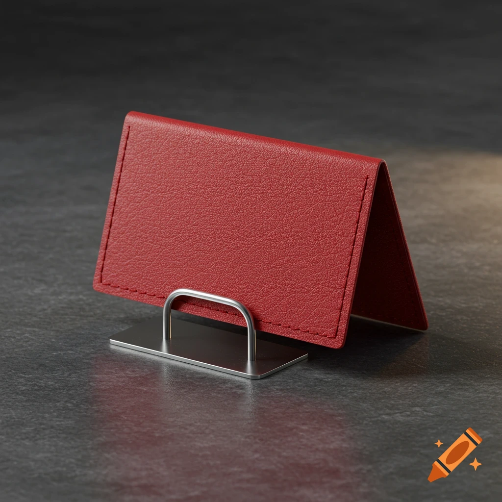 A red leather-bound place card on a silver minimalist stand rests on a dark stone surface.