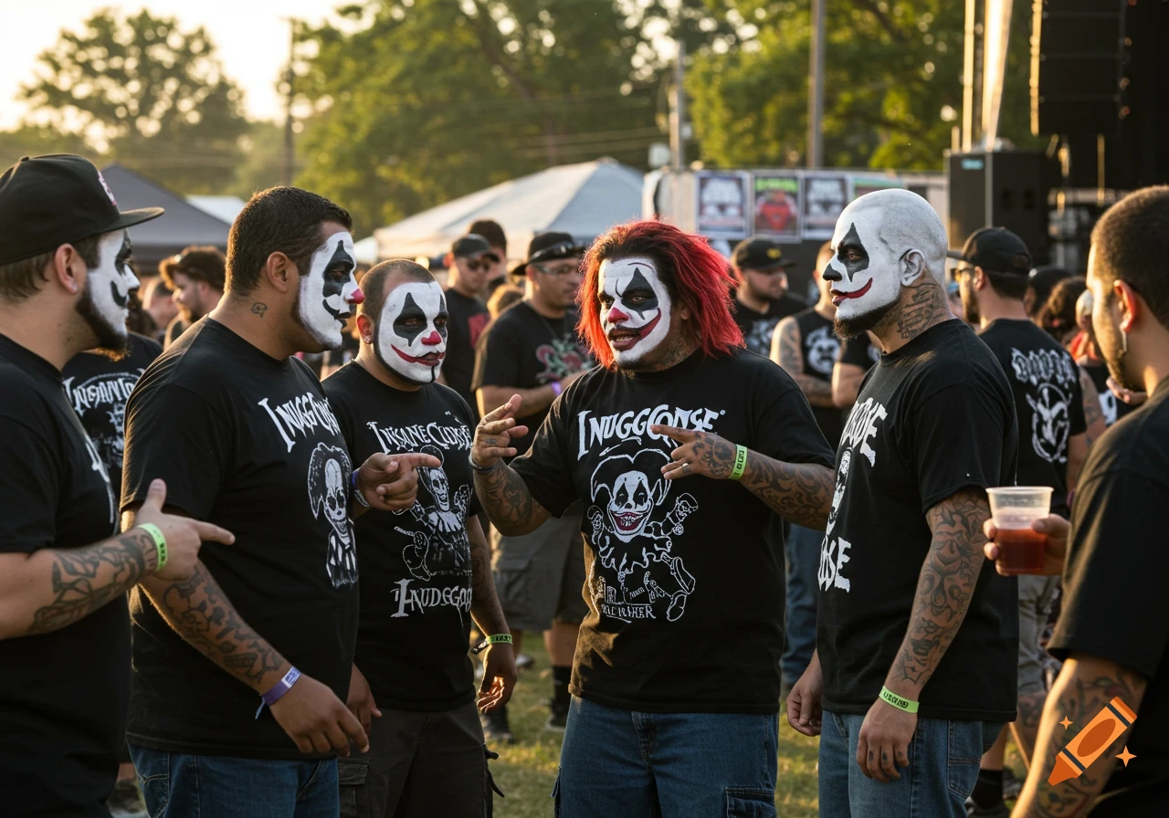 Several men wearing clown face paint and black t-shirts socialize at an outdoor concert or festival.